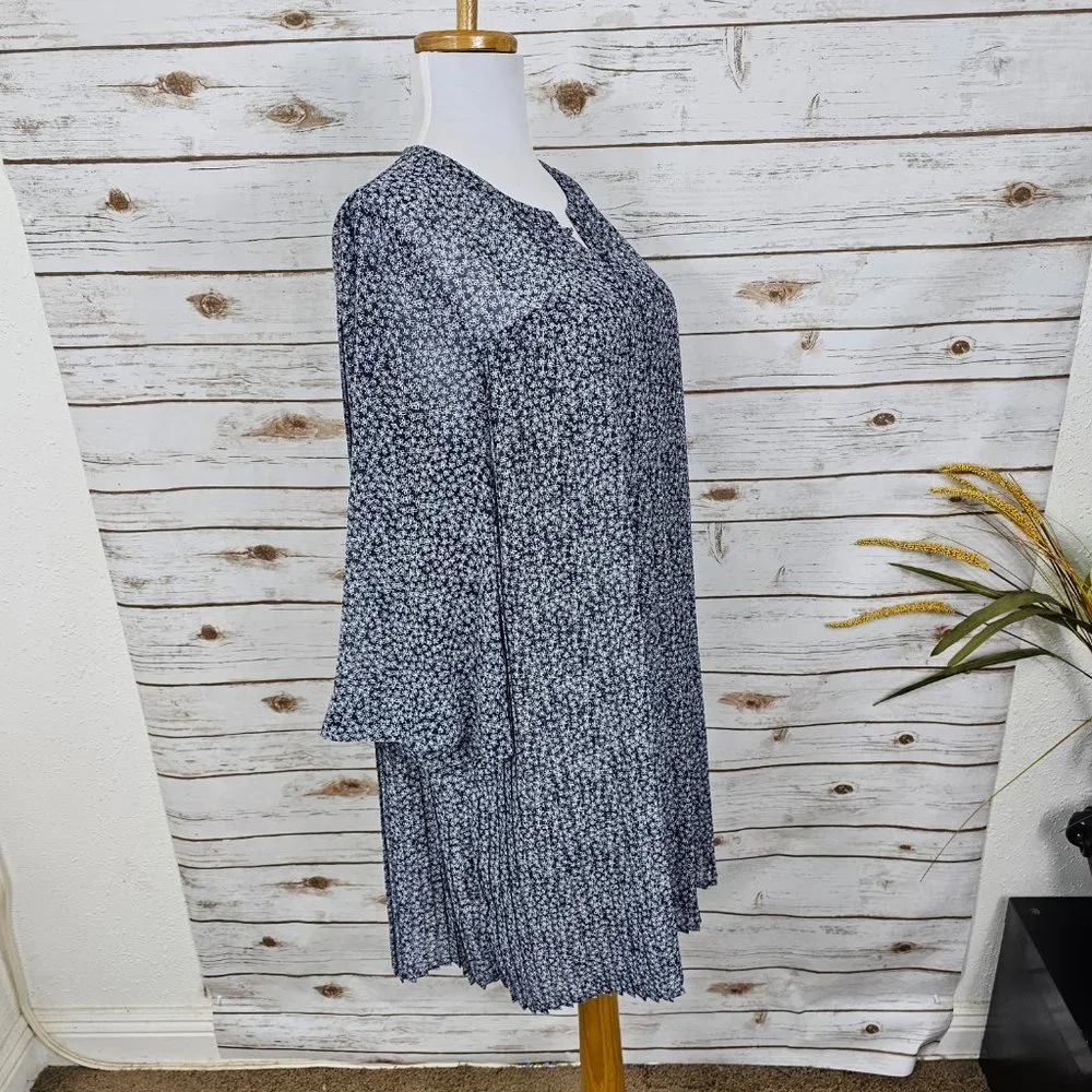 Avec Les Filles Sz S Microfloral Printed Pleated Shirt Flowy Shift Dress - Picture 10 of 16